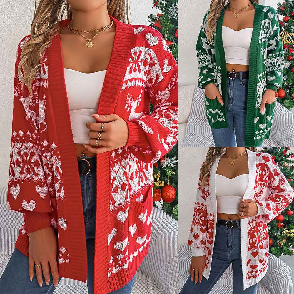 Women's Christmas Deer Cardigan – Oversized Knit Sweater with Pockets for Winter