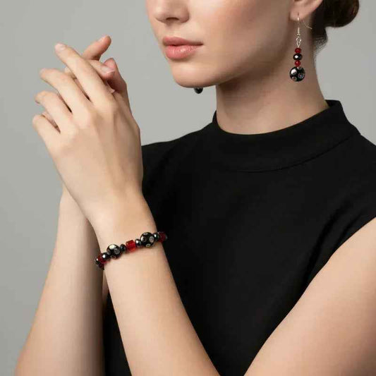 Bracelet et boucle d'oreille noir et rouge