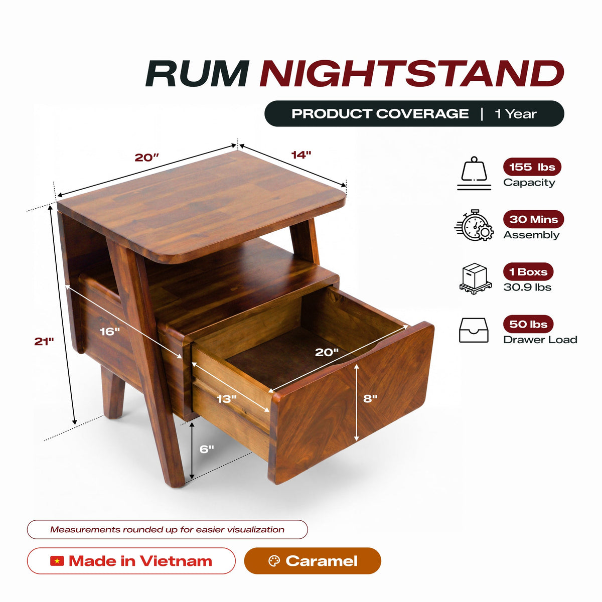 Rum Solid Wood Nightstand