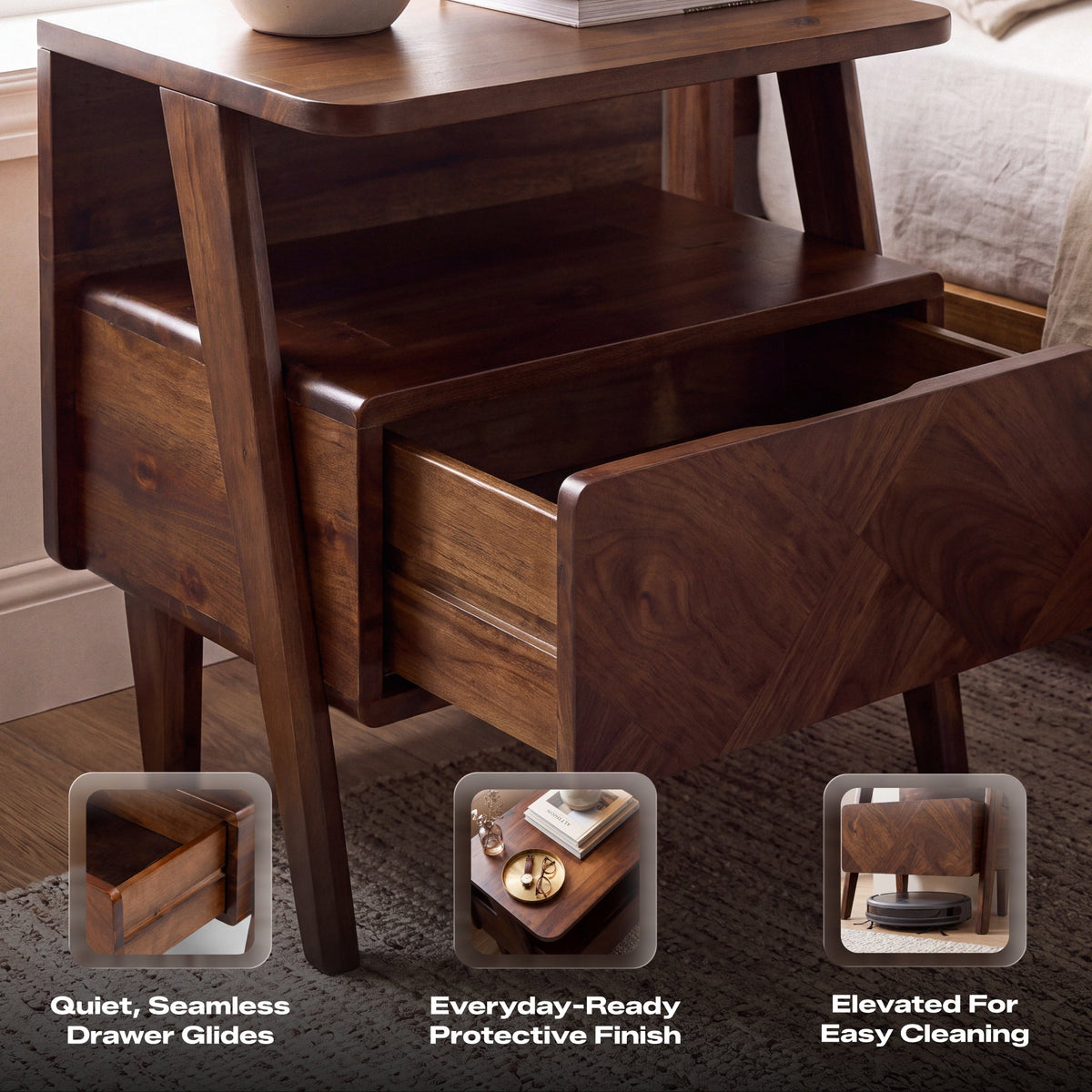 Rum Solid Wood Nightstand