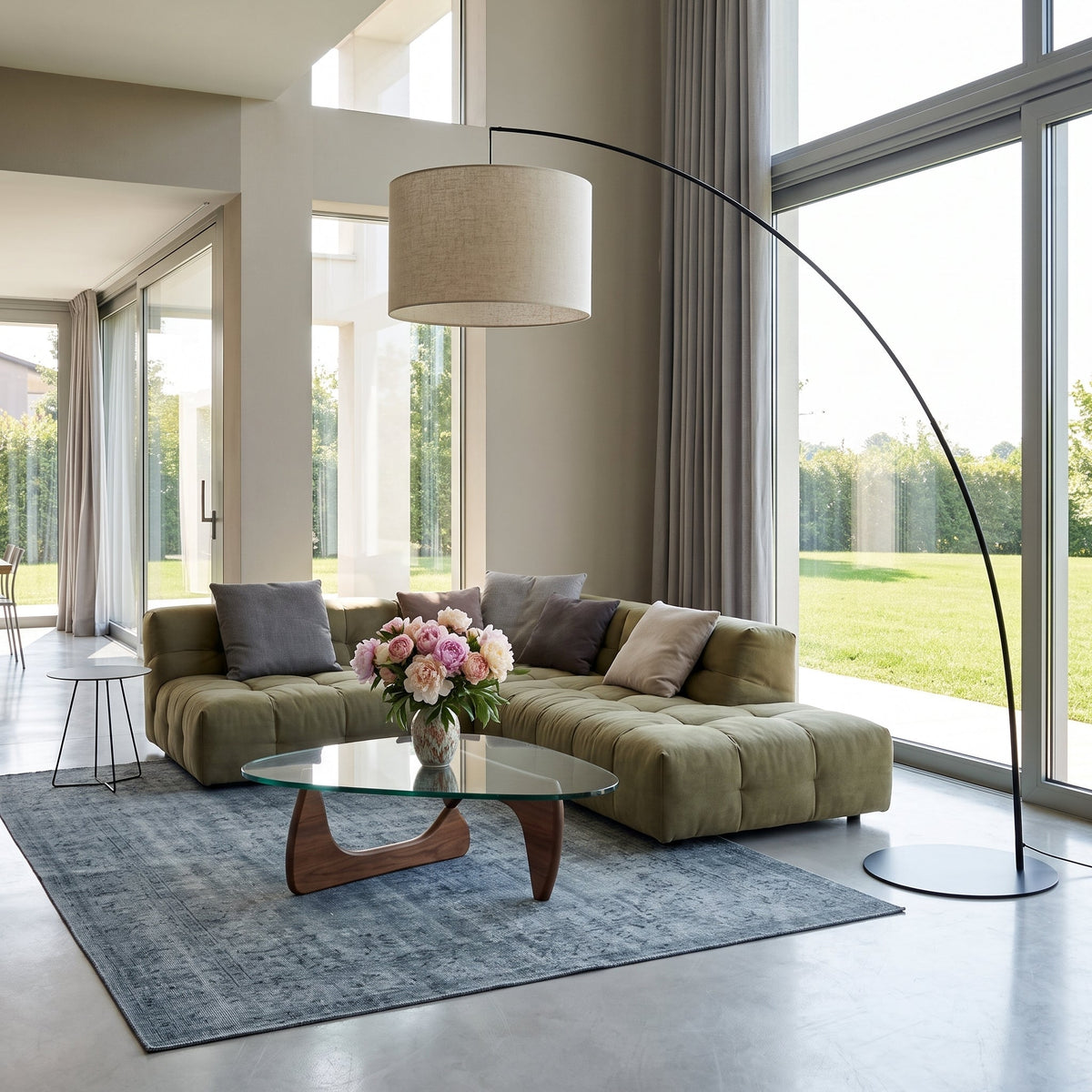 MOBY Extra Large Beige Linen Arc Floor Lamp for Living Room & Sofa