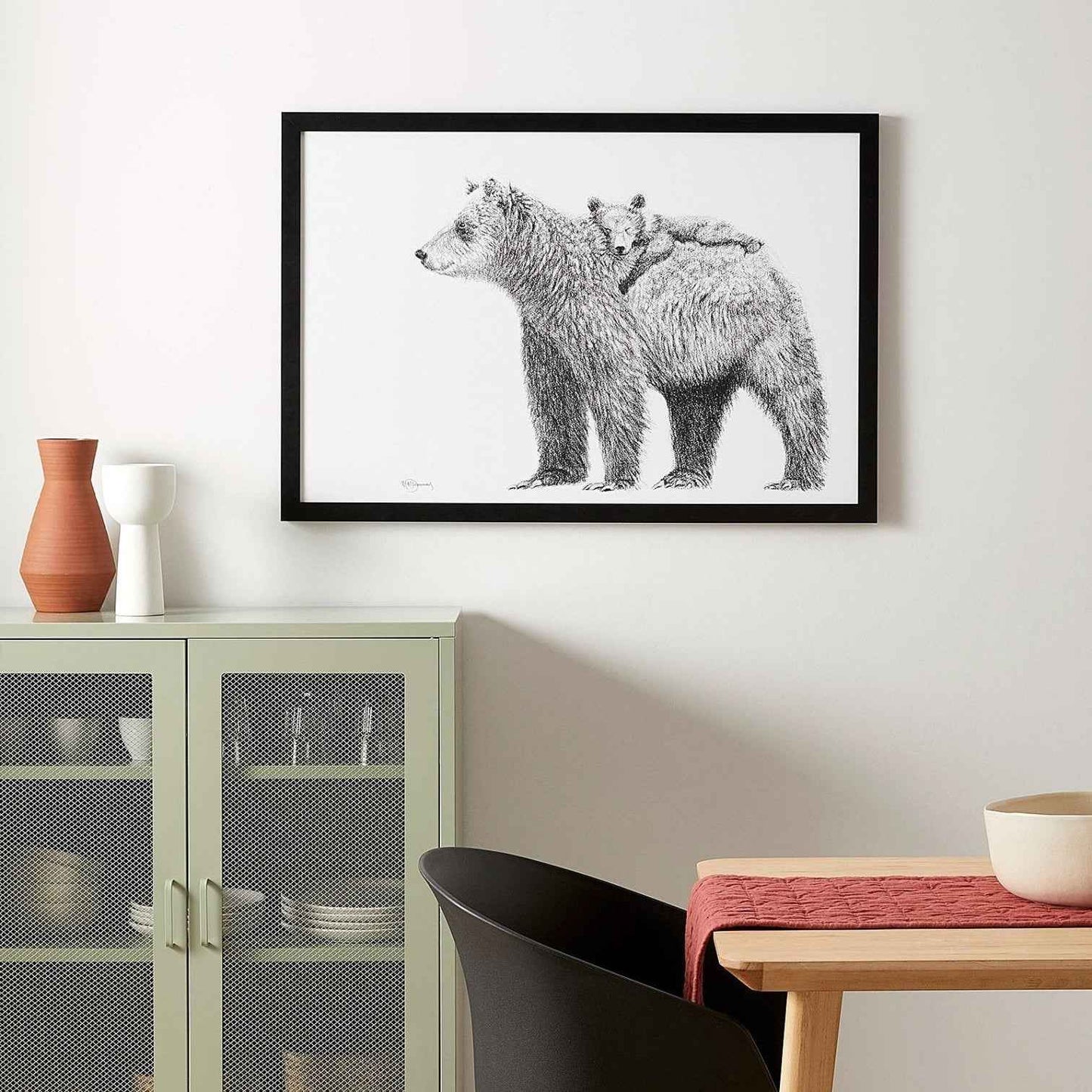 Grizzly with cub - wildlife black and white art print