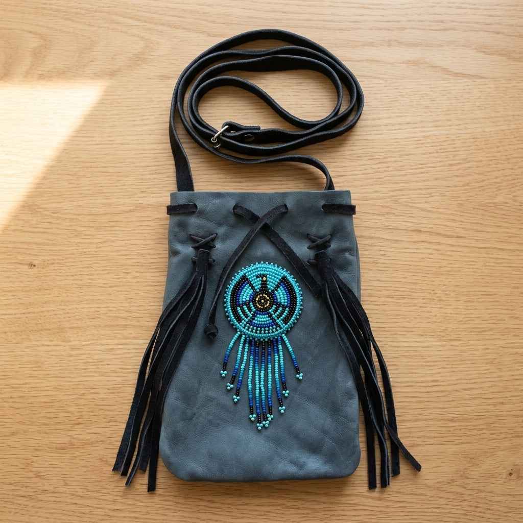 Beaded Suede Phone Pouch ~ Blue