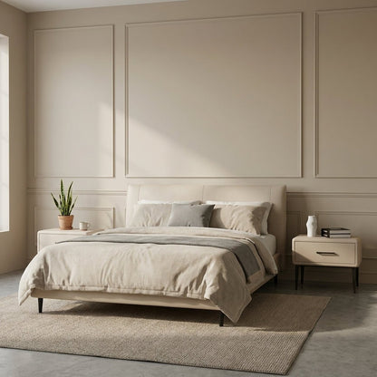 Ovalle Beige Leather Bed with Matching Nightstands