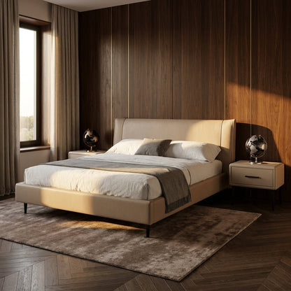 Ovalle Beige Leather Bed with Matching Nightstands