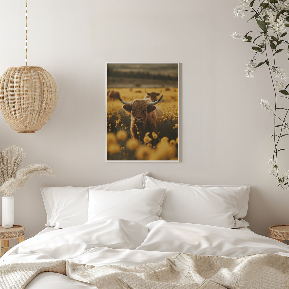 Wall Art Highland Cows In Flower Field