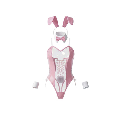 Bunny Girl PU Leather See Through Cosplay Bodysuit Costume Lingerie