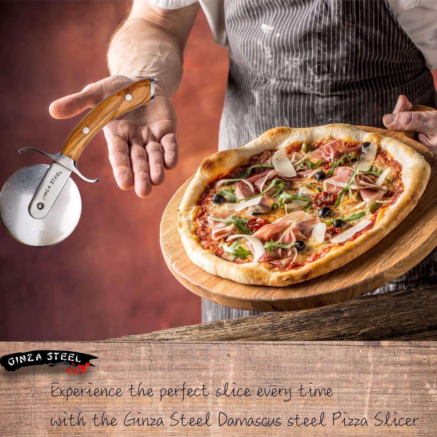 Ginza Steel MIA Pizzaschneider – Edelstahlklinge mit Olivenholzgriff