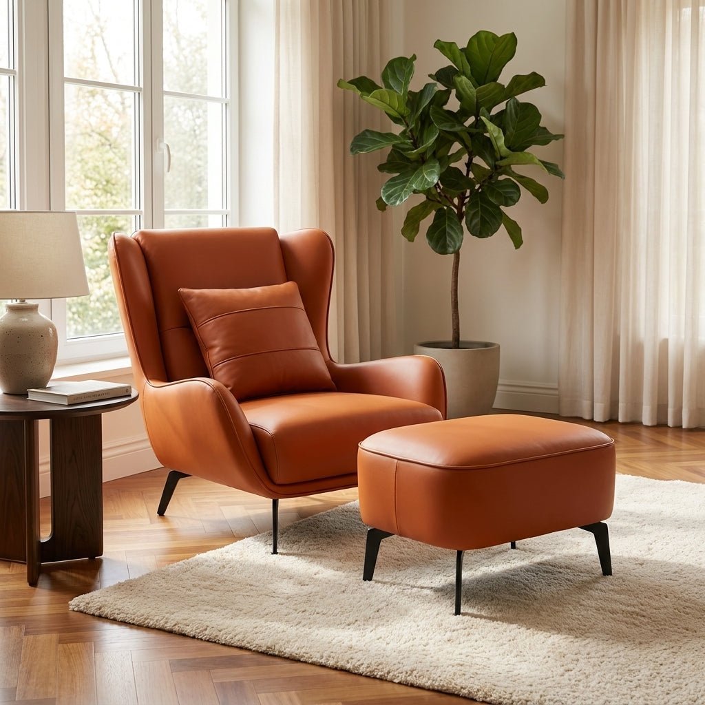 PM06 Premium Relaxsessel aus Rindsleder mit Ottoman