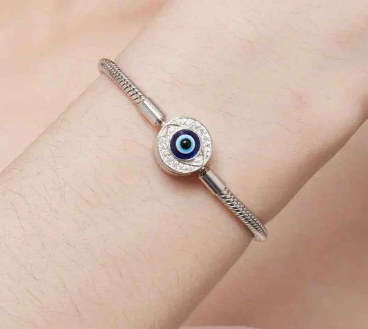Sterling Silver Evil Eye Charm Bracelet with CZ – Snake Chain