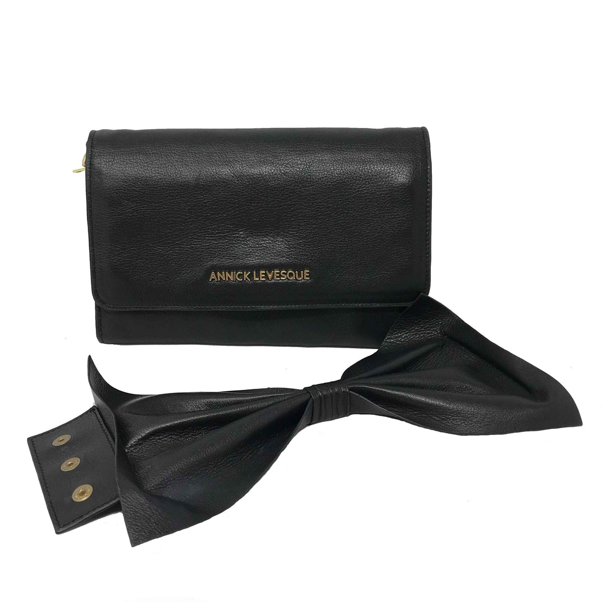 Sac à main en cuir véritable noir avec noeud papillon | Scarlett - PRÉCOMMANDE