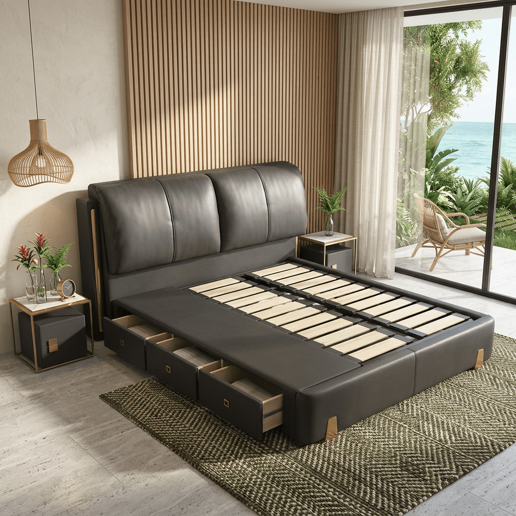 Sterling Luxury Upholstered Storage Bed with Hydraulic Lift and Side Drawers